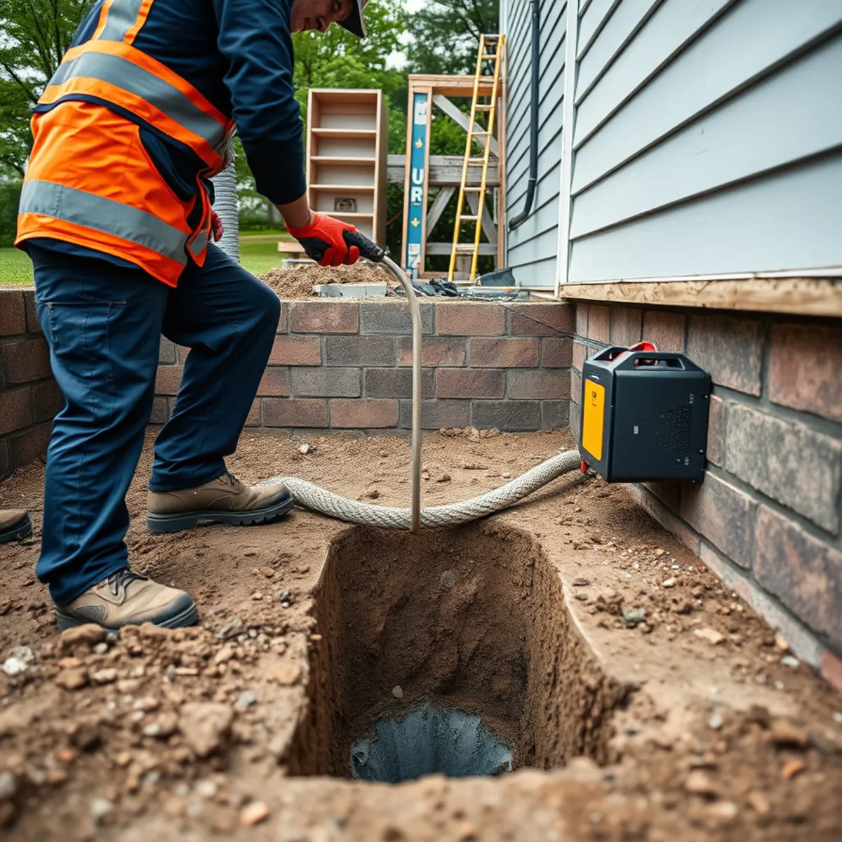 Plumber installing drainage for a new basement bathroom in a Catonsville, MD home