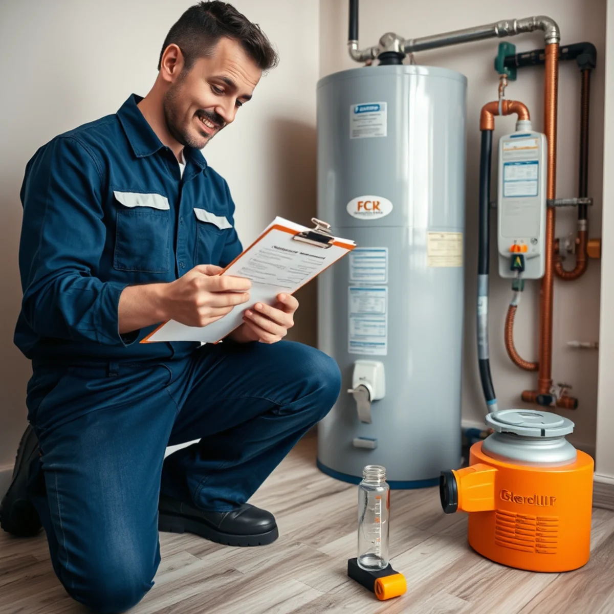 Plumber carrying out an annual plumbing maintenance check in a Maryland basement