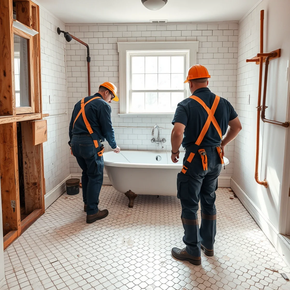Original hex tile floor protected during a historic Catonsville, MD bathroom renovation