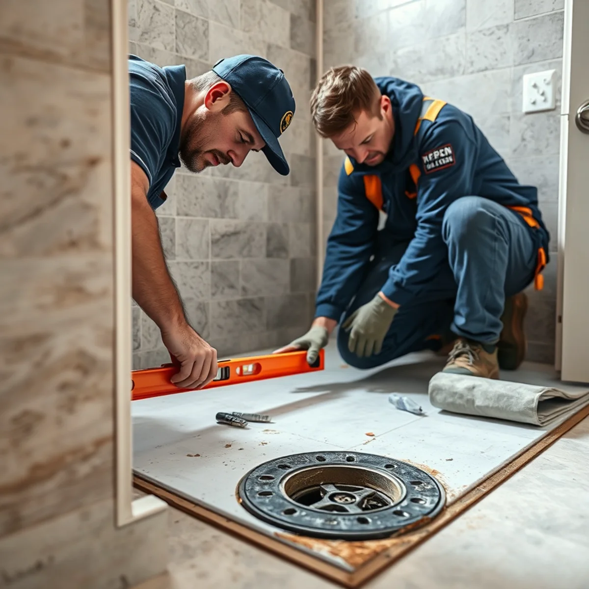 Checking shower pan slope to the drain during a Catonsville, MD bathroom fit-out