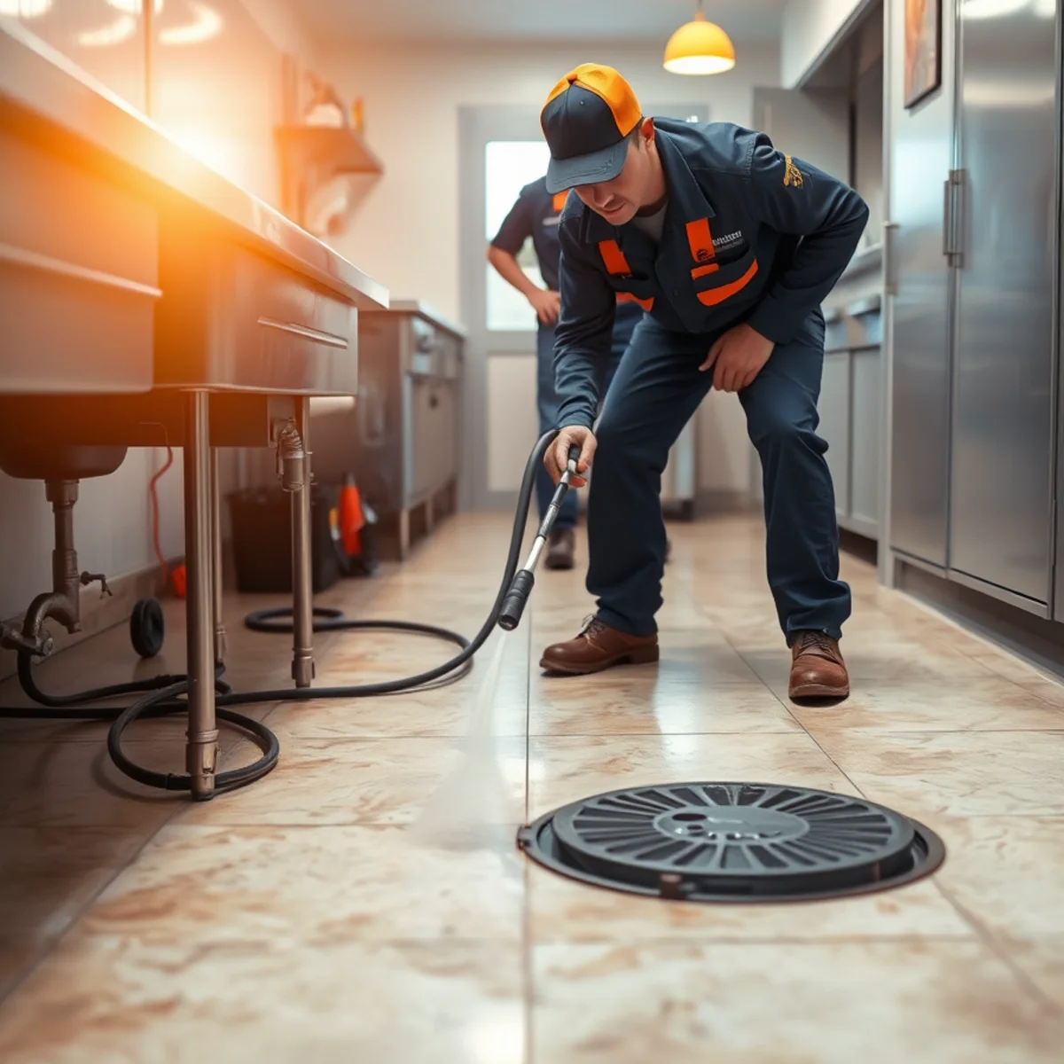 Plumber jetting a commercial kitchen drain line at a small business in Maryland