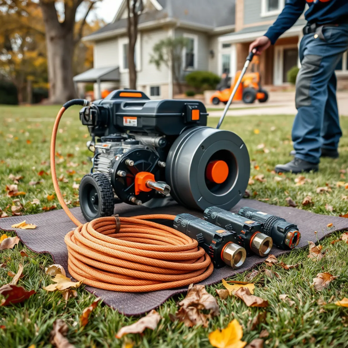 Drain cleaning cable machine set up at an exterior cleanout in Catonsville, MD