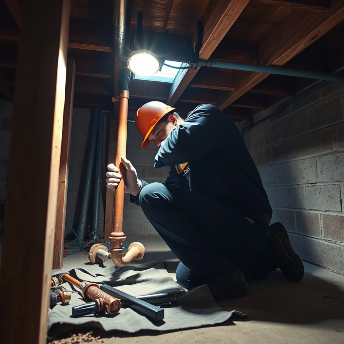 Collins & Sons plumber repairing a burst supply line in a Catonsville, MD basement