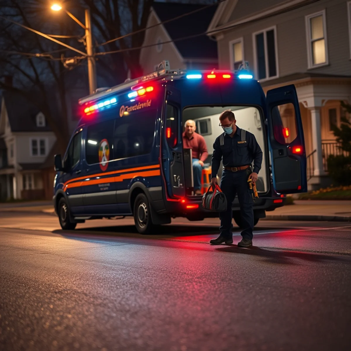 Collins & Sons emergency plumbing van arriving at a Catonsville, MD home after dark