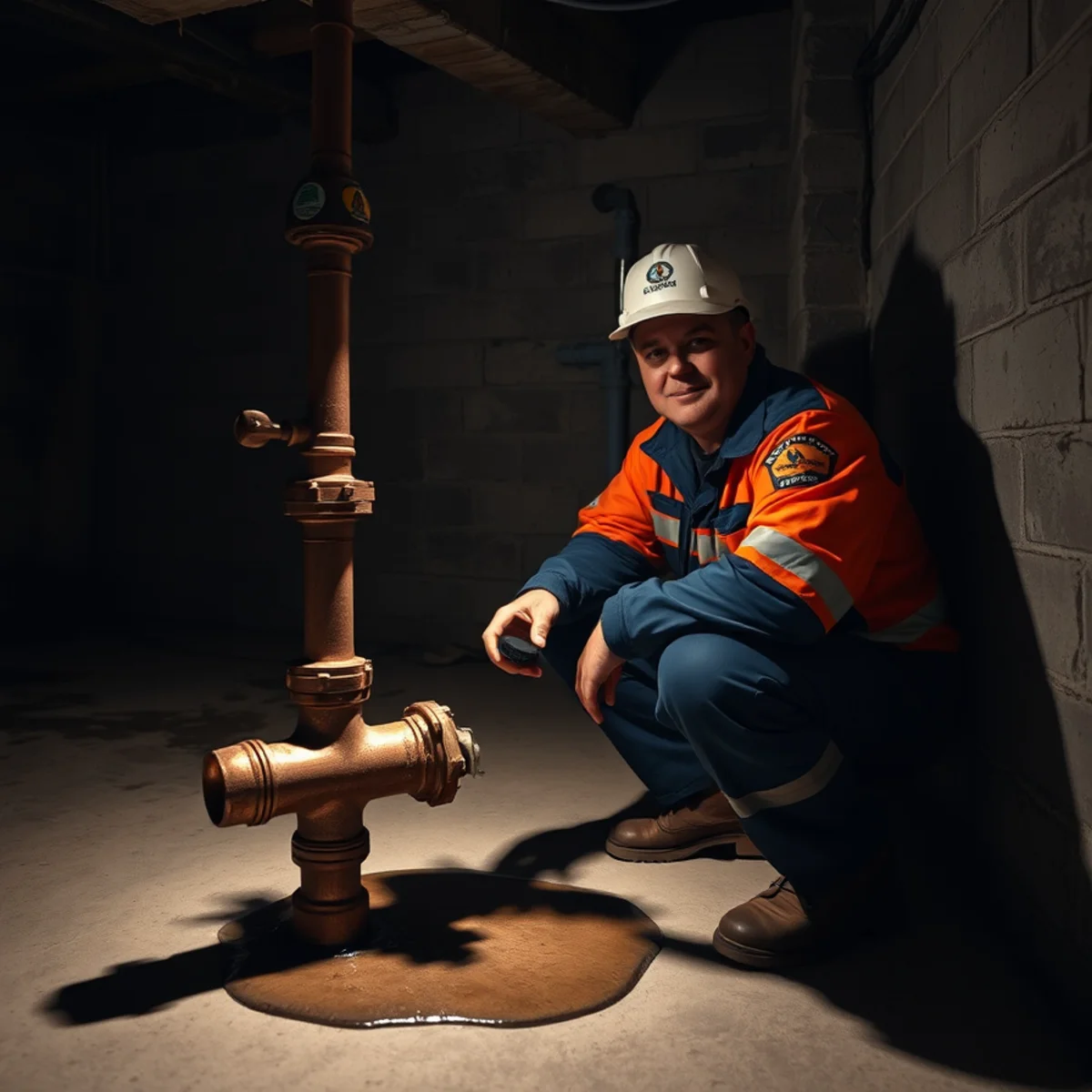 Collins & Sons emergency plumber shutting off a burst water line in a Catonsville, MD basement at night