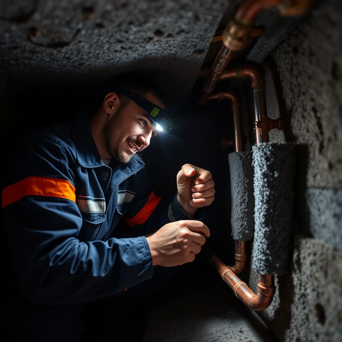 Foam pipe insulation being fitted to exposed water lines in a Catonsville, MD crawl space