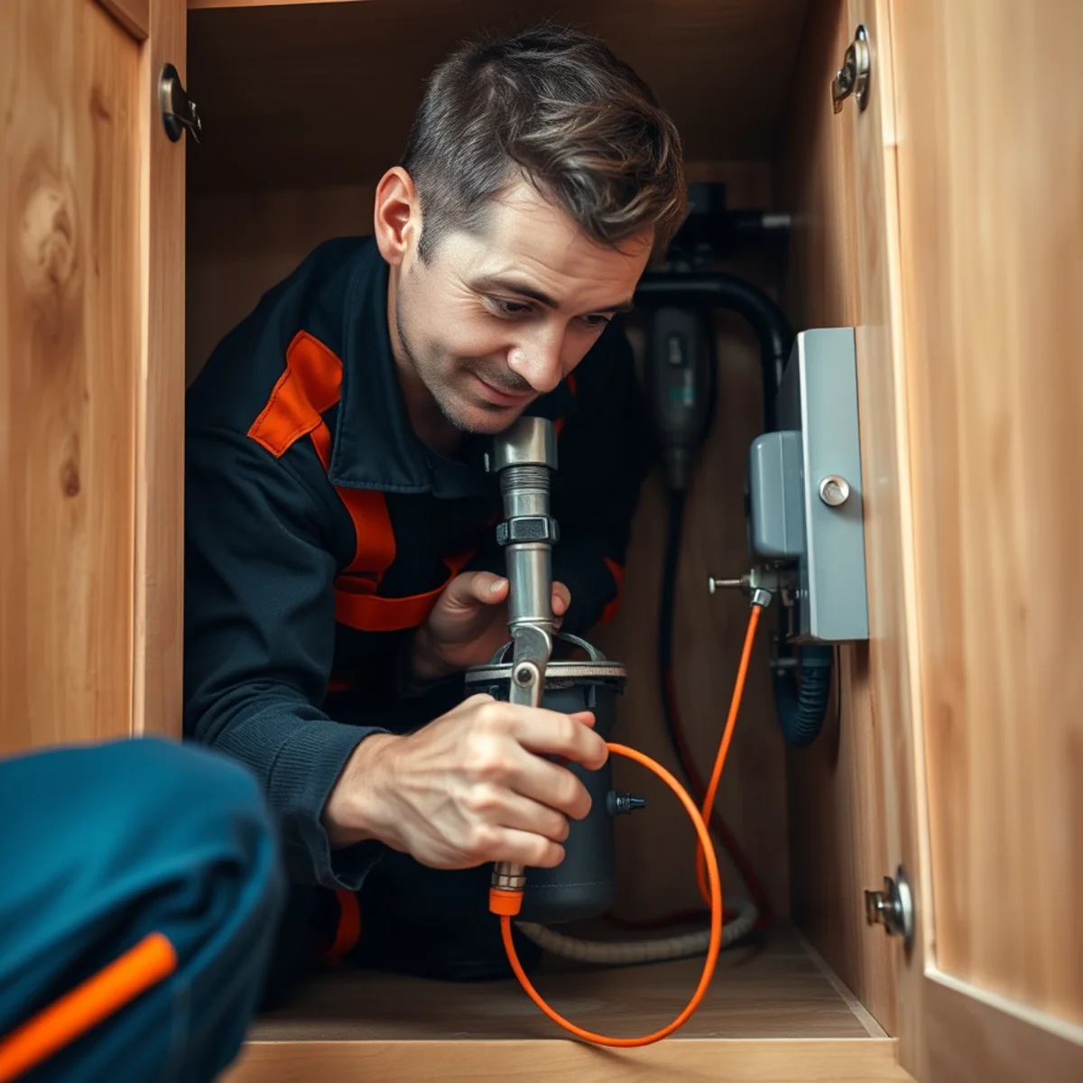 Plumber clearing a jammed garbage disposal under a kitchen sink in Catonsville, MD
