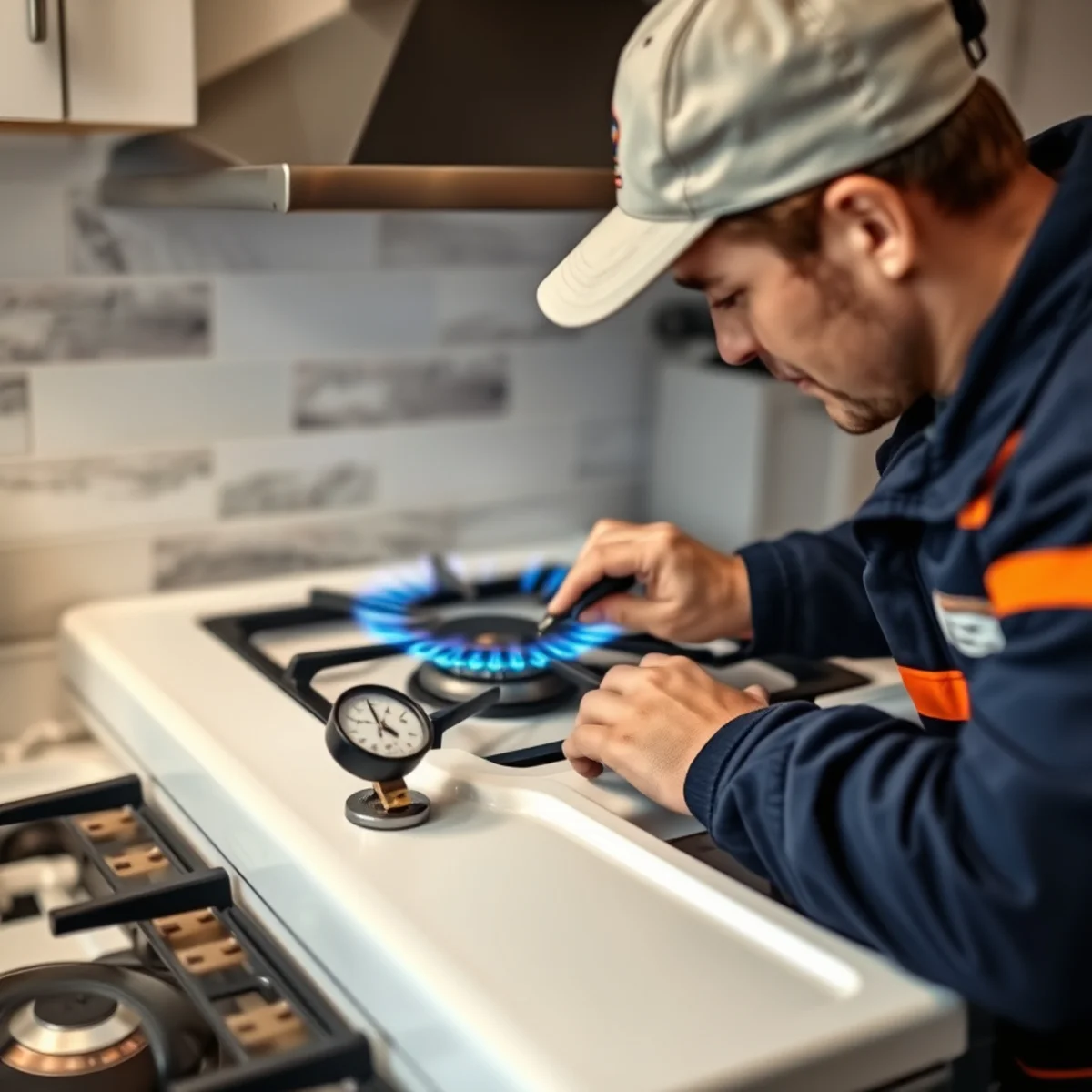 Licensed plumber pressure testing a natural gas line in a Maryland home