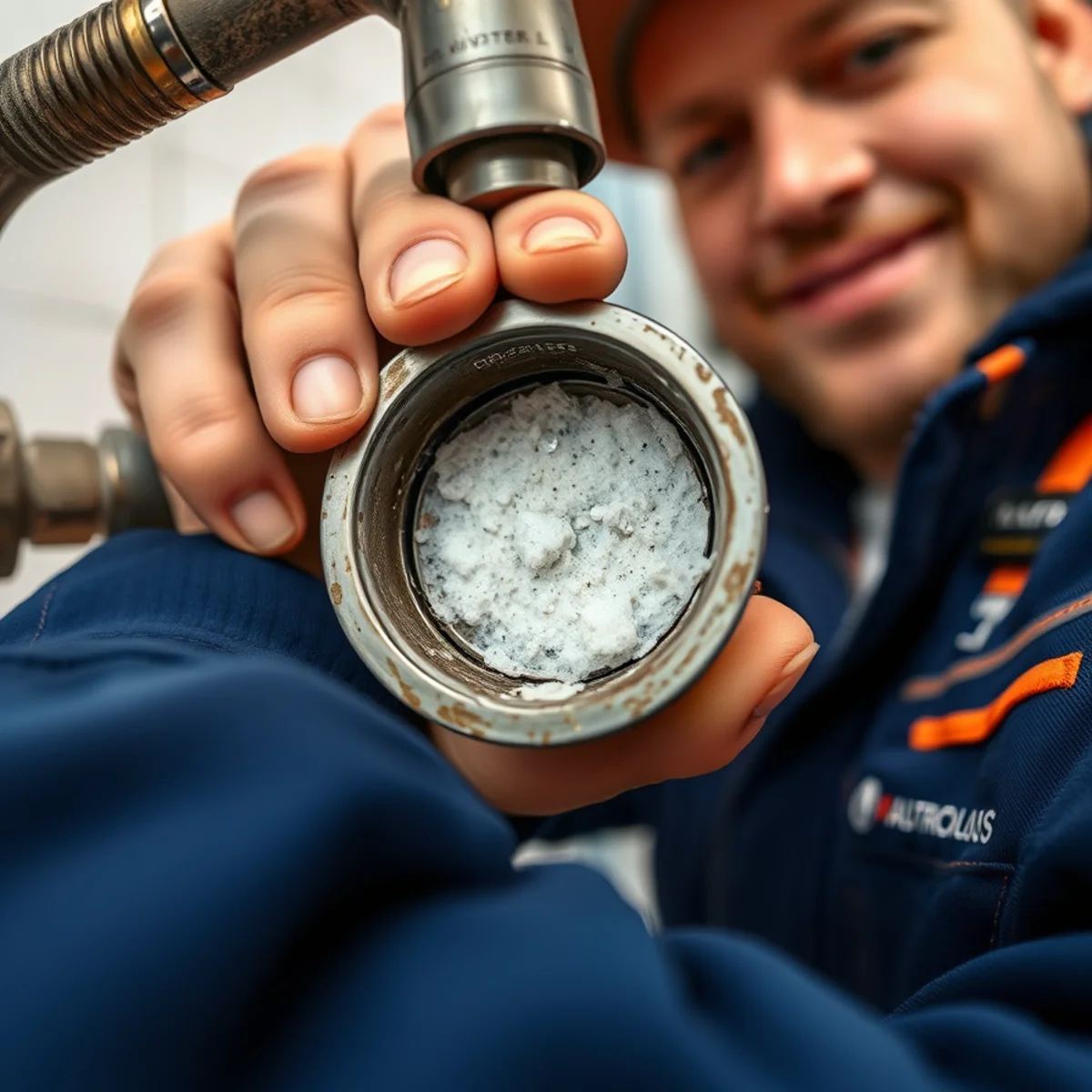 Limescale build-up on a faucet aerator from hard water in a Catonsville, MD home