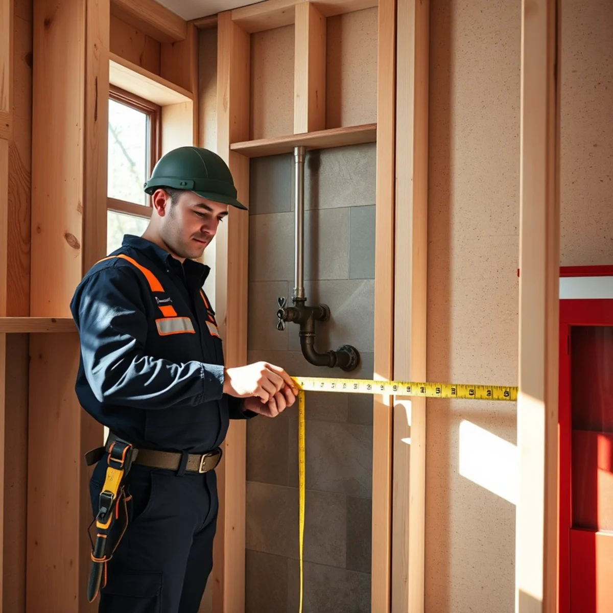 Plumber coordinating rough-in dimensions with a tile setter in a Catonsville, MD renovation