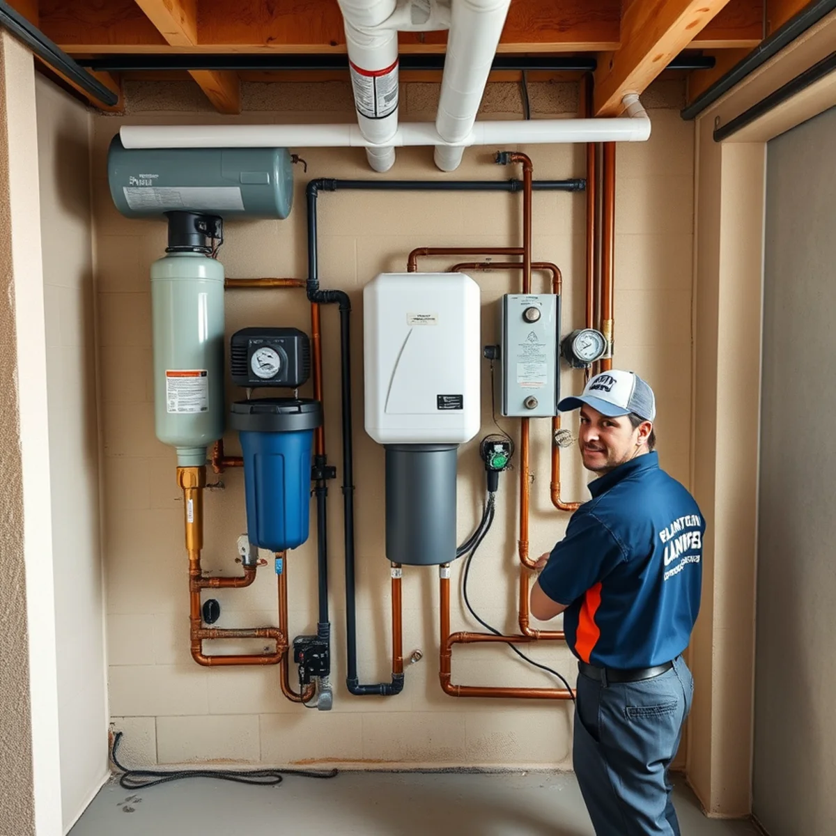 Upgraded whole-house water system on a Catonsville, MD basement wall