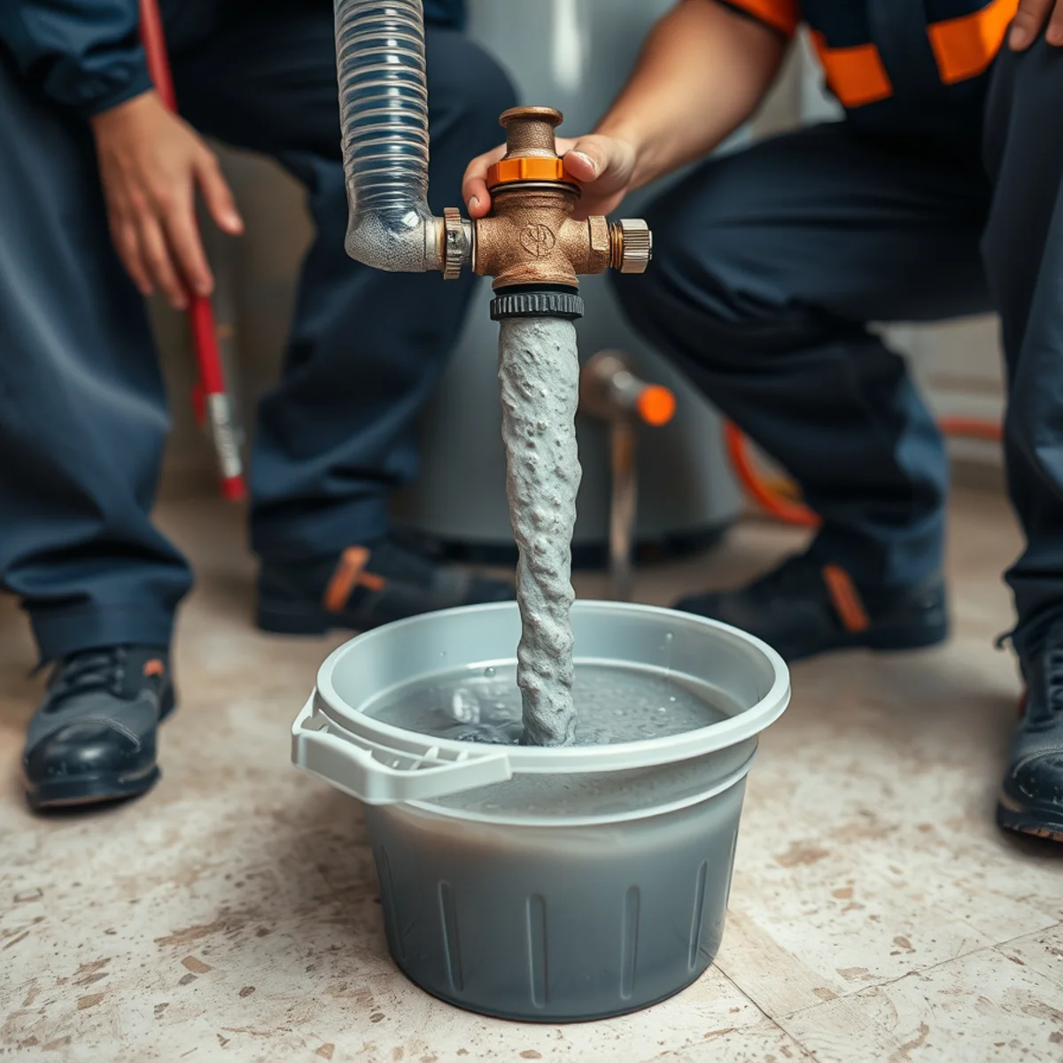 Sediment-laden water draining from a water heater into a bucket in a Maryland basement