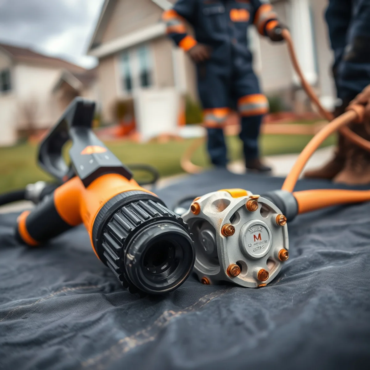 Hydro jetting nozzle and drain cable laid out side by side at a Catonsville, MD job