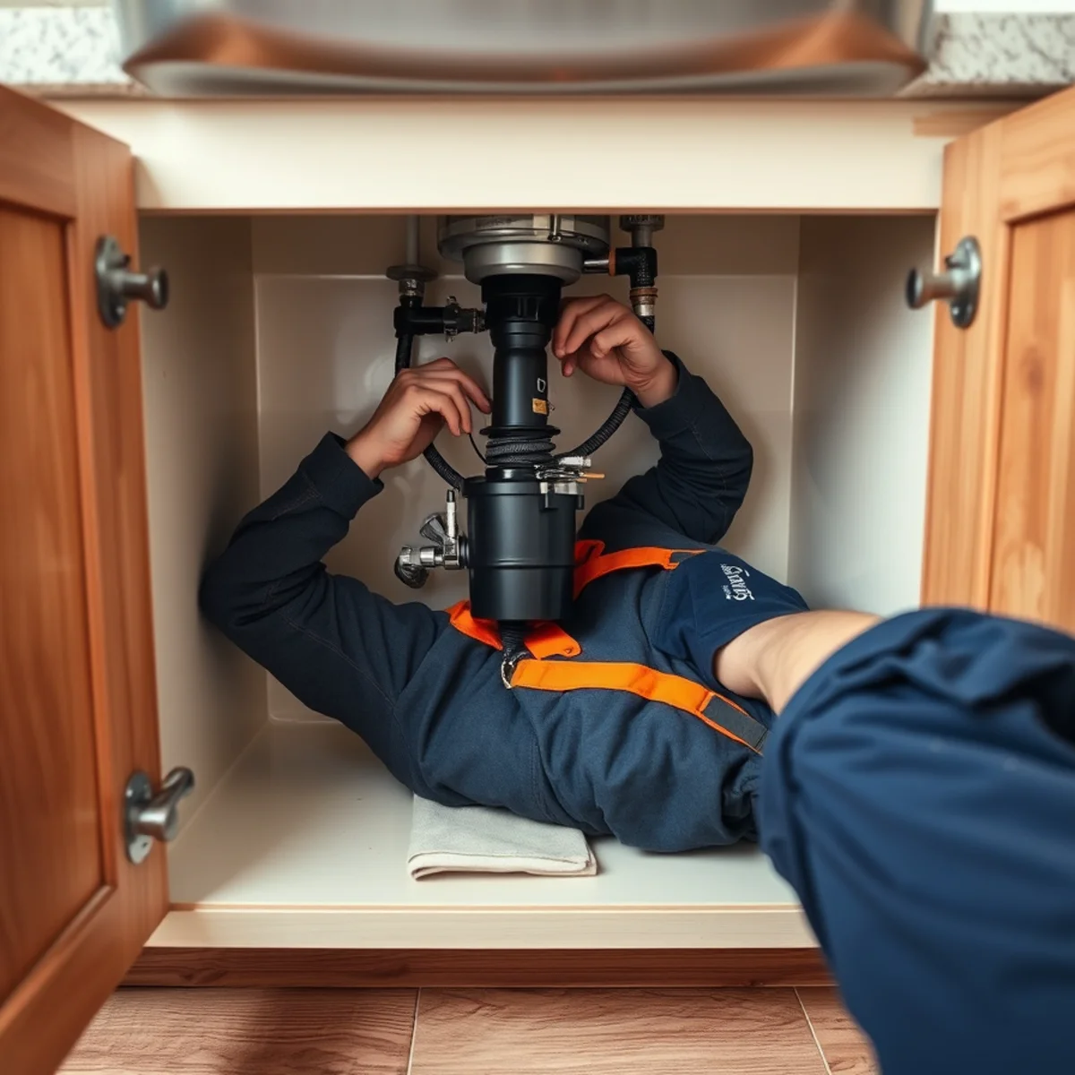 Plumber fitting a new garbage disposal under a kitchen sink in Catonsville, MD