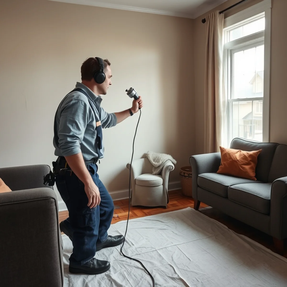 Plumber using acoustic leak detection equipment on a wall in a Catonsville, MD home