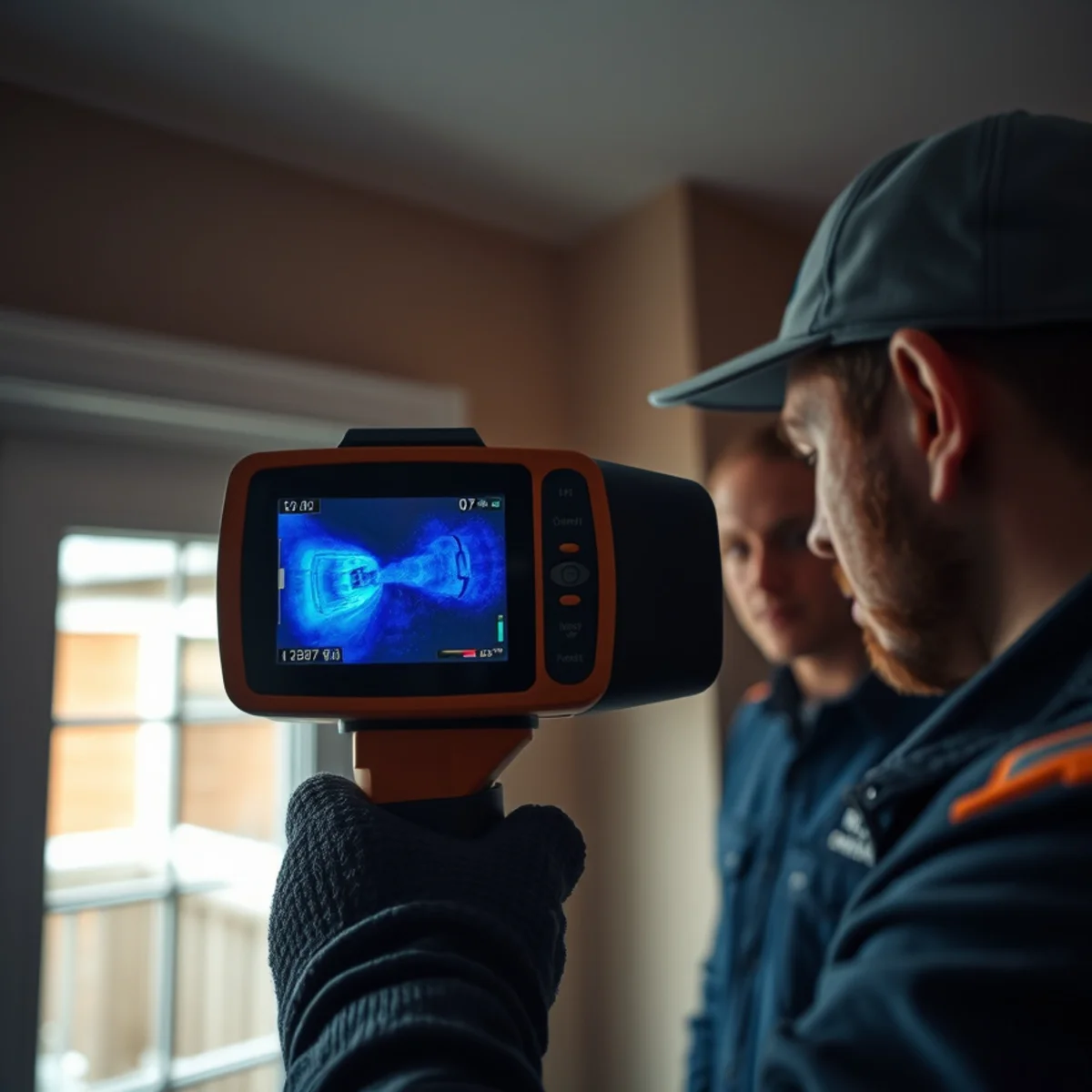 Thermal imaging camera showing a hidden leak behind a wall in a Catonsville, MD home