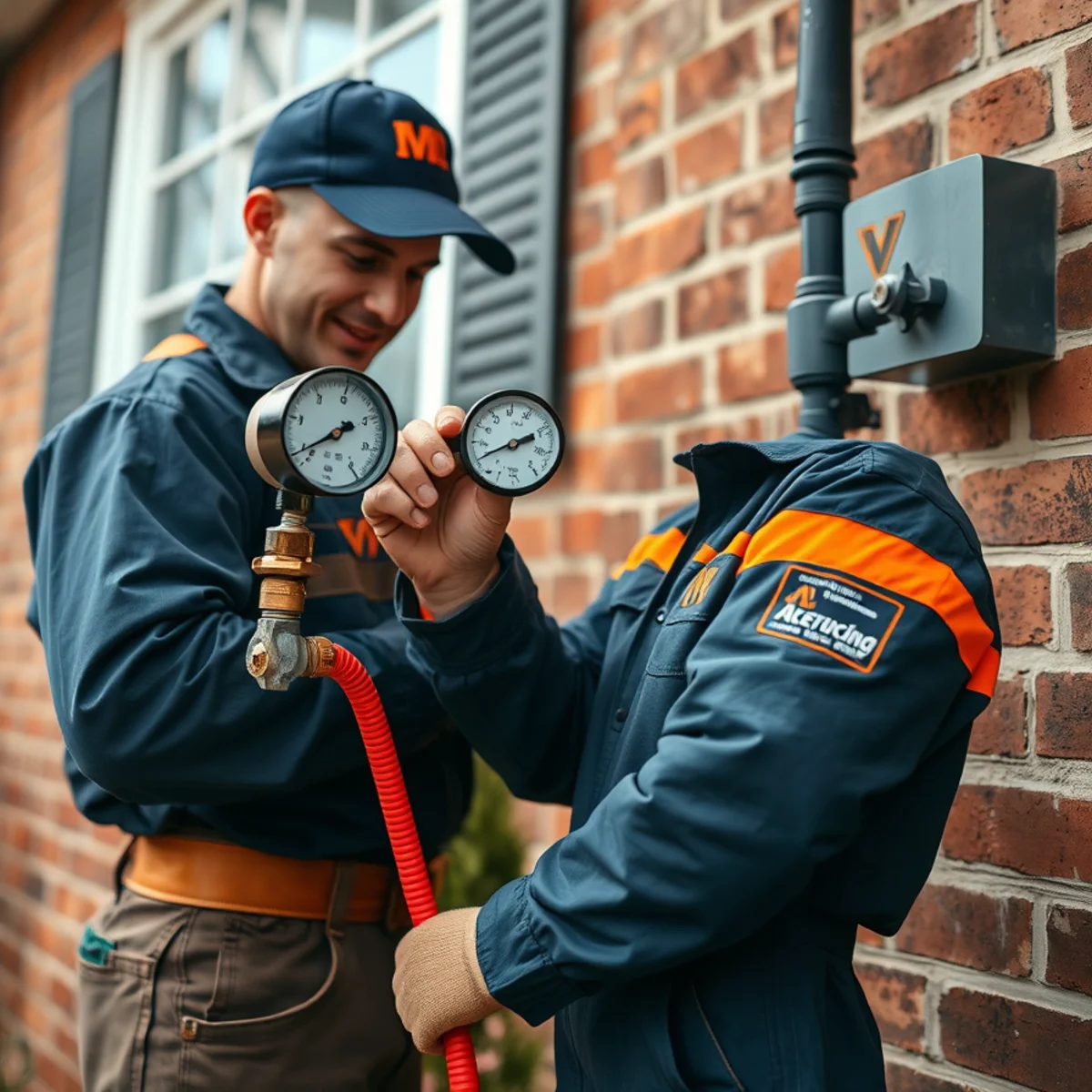 Plumber checking water pressure with a gauge on a hose bib at a Catonsville, MD home