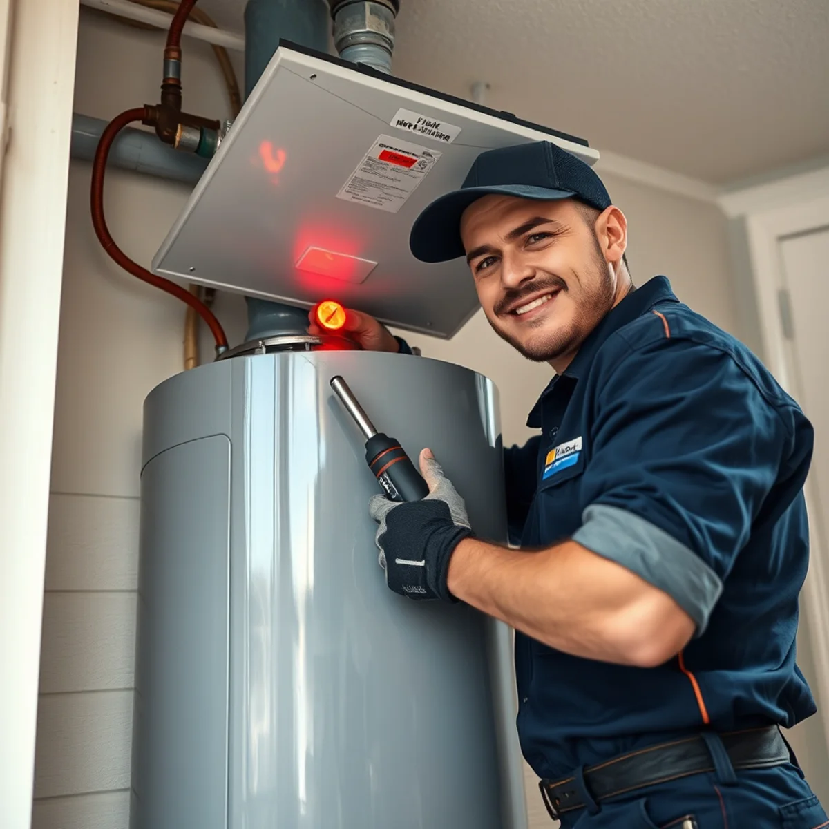 Plumber checking the gas control valve on a water heater in a Catonsville, MD basement