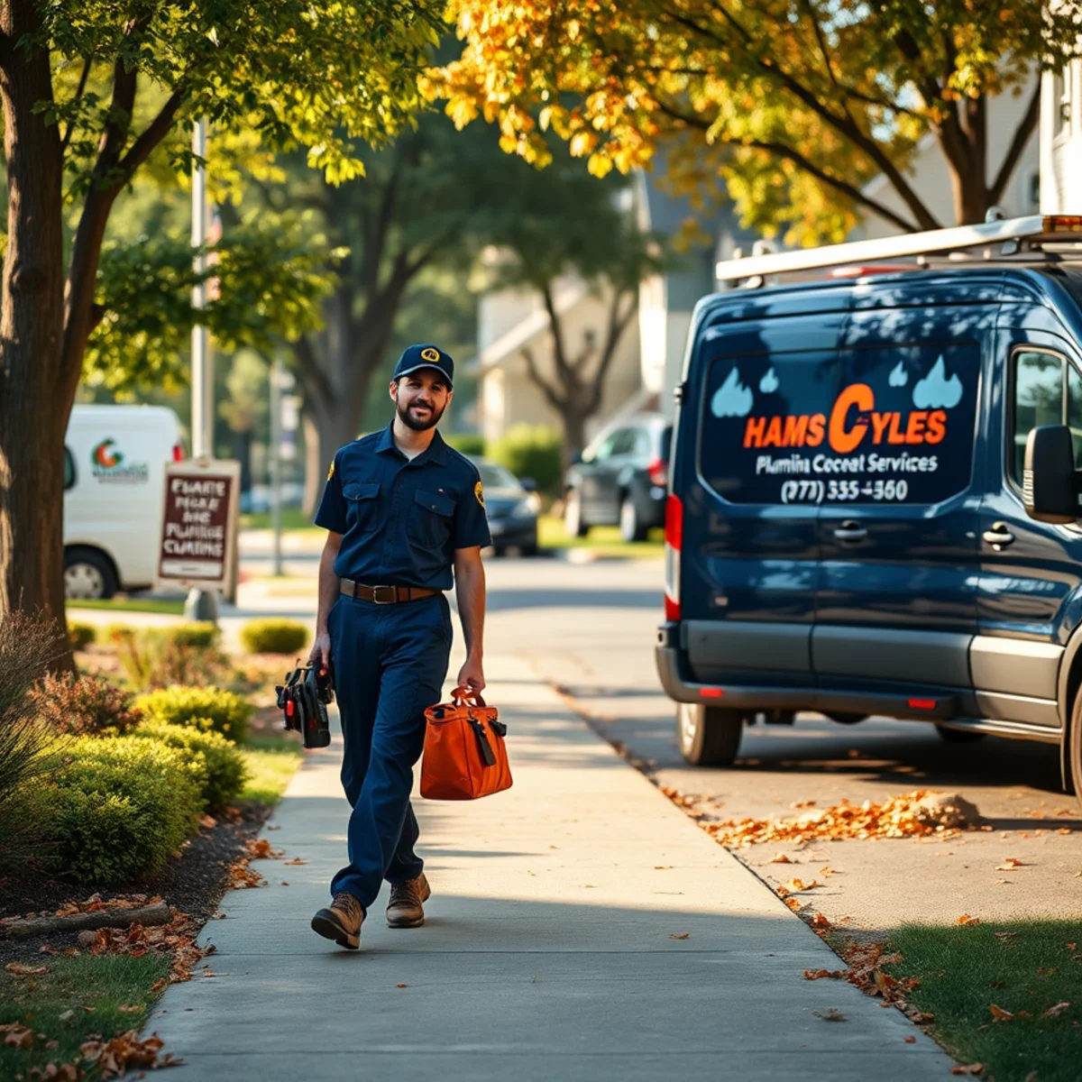Plumber servicing a home on a tree-lined street in the Chalfonte area of Catonsville, MD