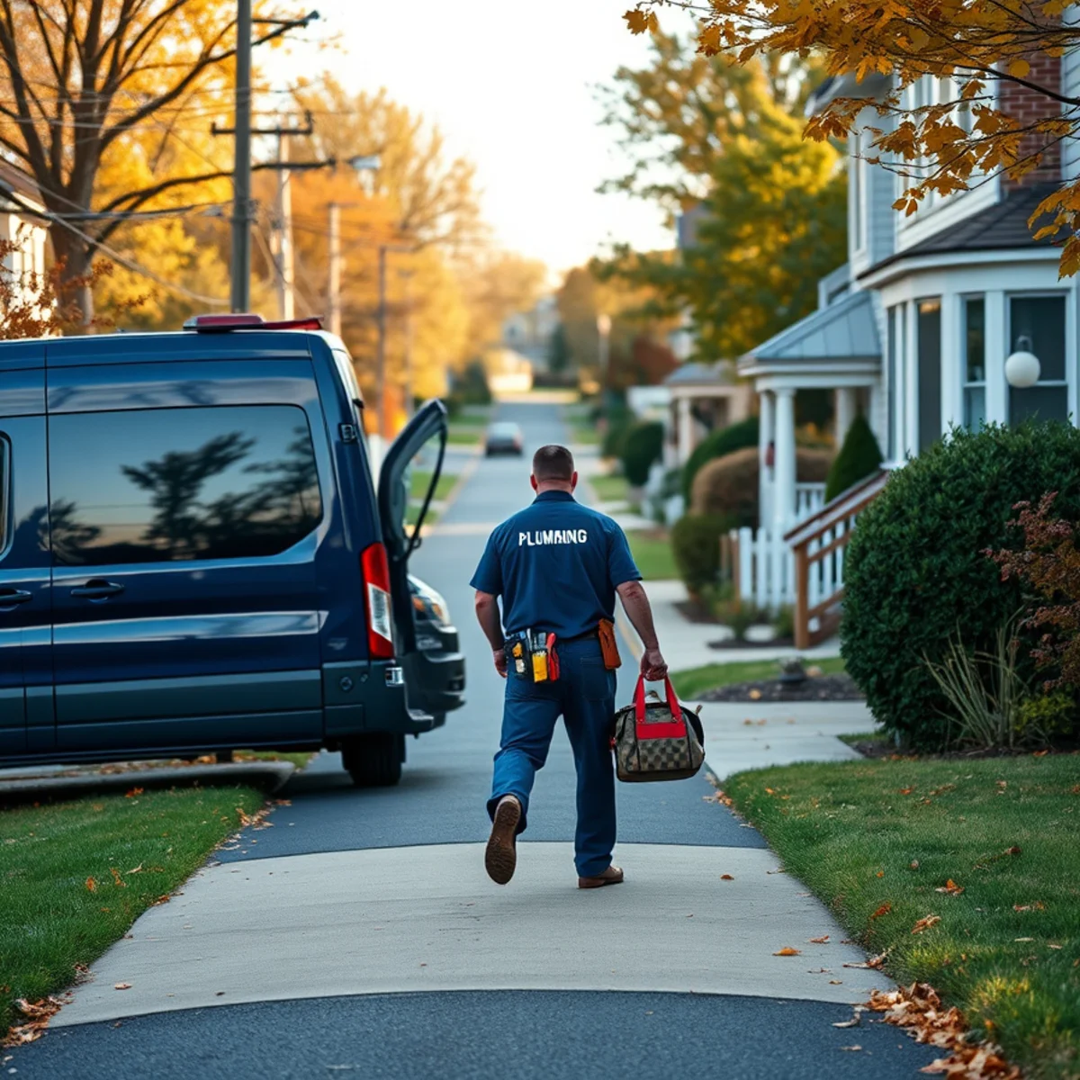 Plumber checking a sump pump discharge line at a home on the Johnnycake Road corridor in Catonsville, MD