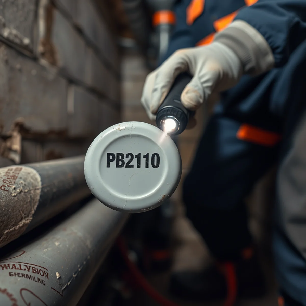 Grey polybutylene supply pipe identified in the basement of a Maryland home
