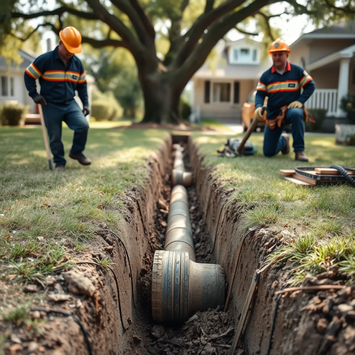Excavated clay sewer lateral exposed in the front yard of a Catonsville, MD home