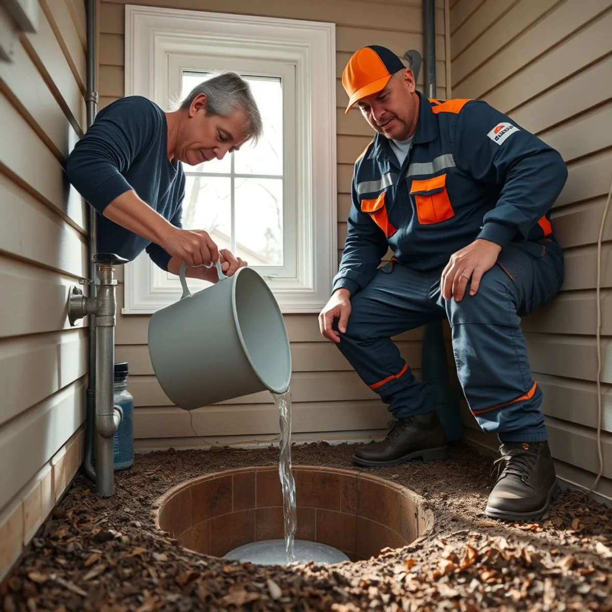 Homeowner testing a sump pump with a bucket of water in a Maryland basement