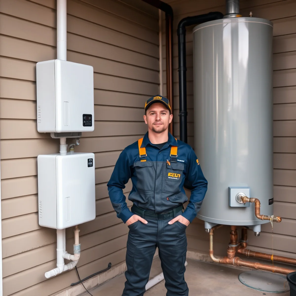 Tankless water heater installed on a basement wall in a Maryland home