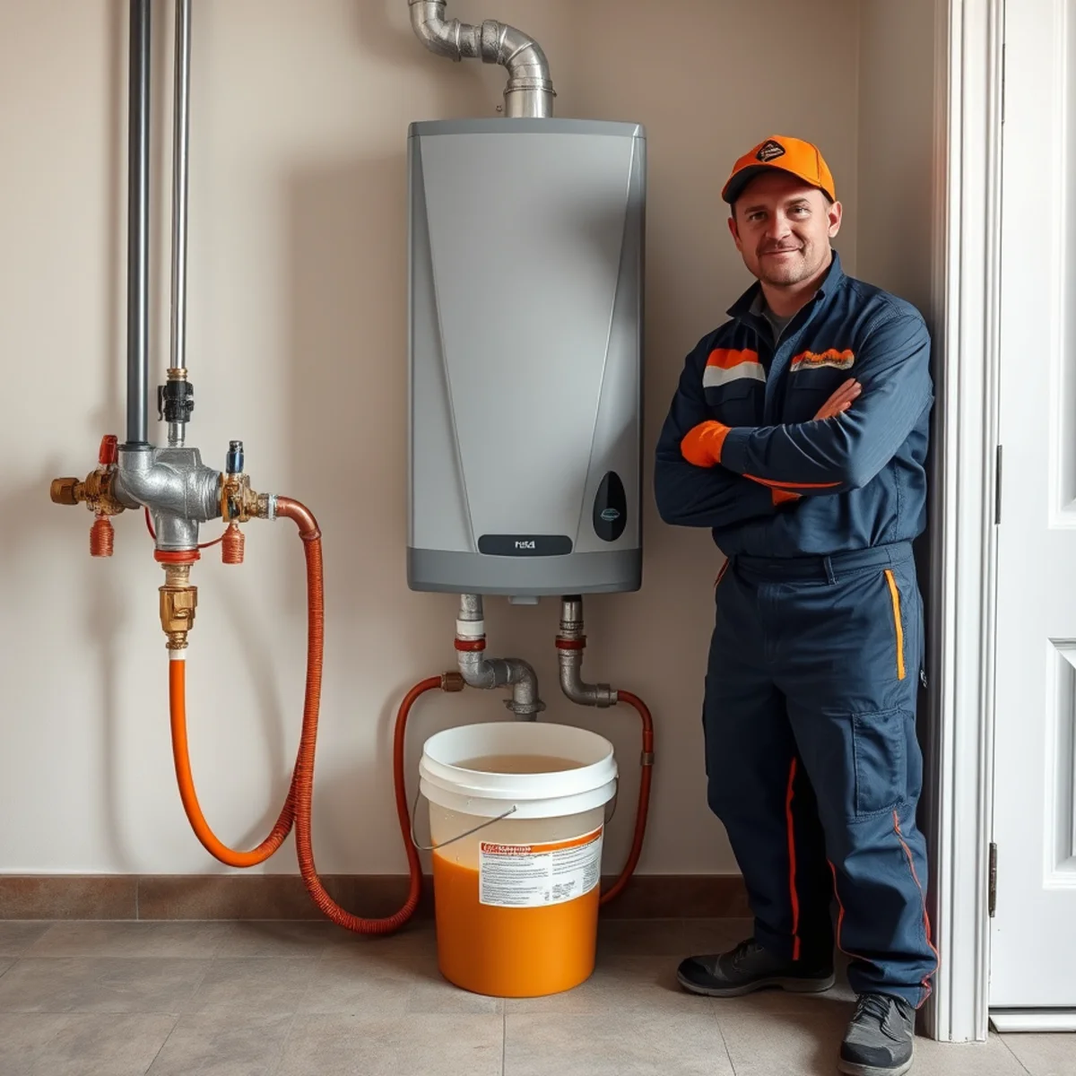Plumber connecting descaling pump hoses to a tankless water heater in a Maryland home