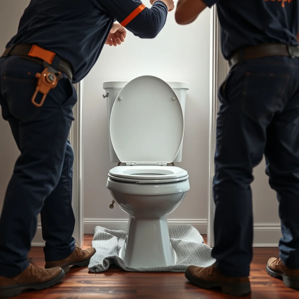 Plumber setting a new toilet on a repaired flange in a Catonsville, MD bathroom