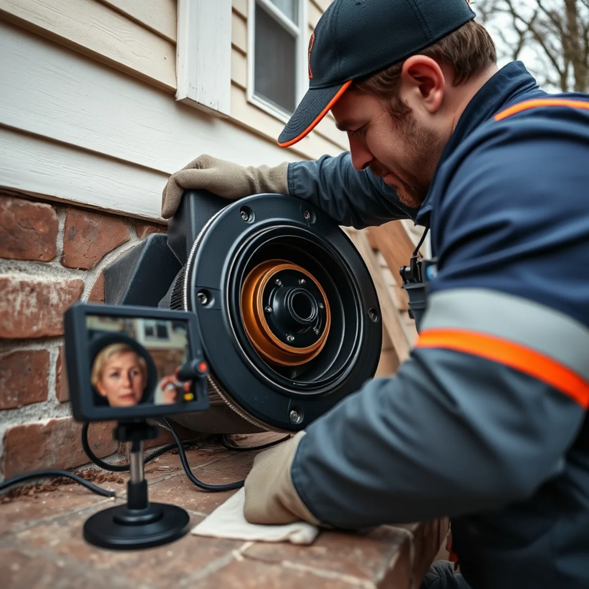 Sewer camera reel feeding into an exterior cleanout in Catonsville, MD