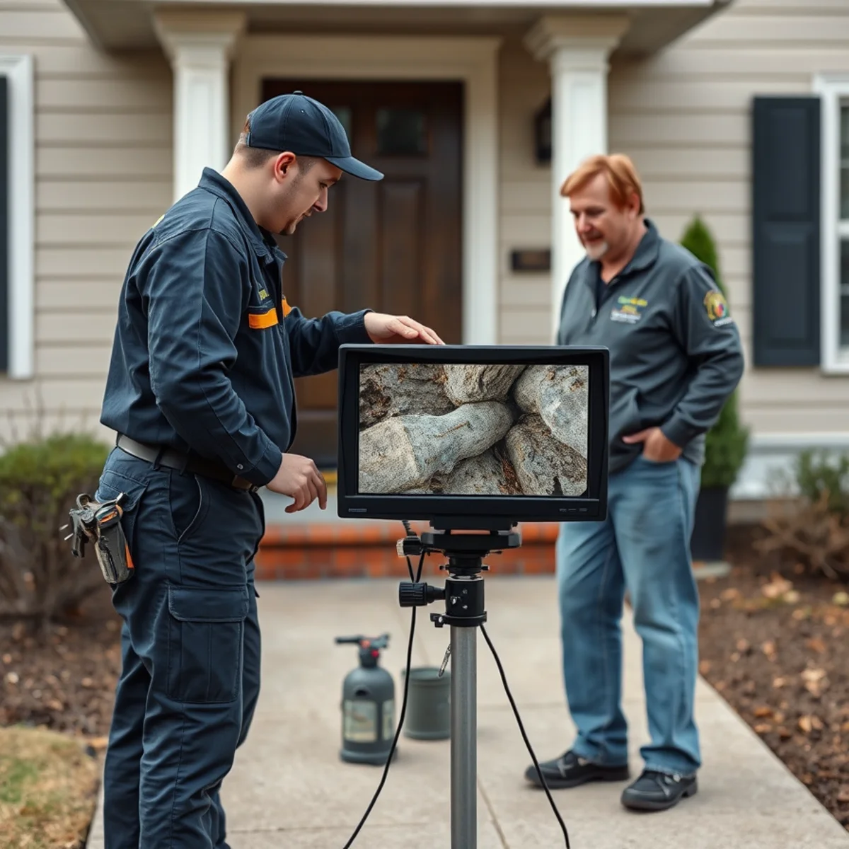 Homeowner watching sewer camera footage with a plumber in Catonsville, MD