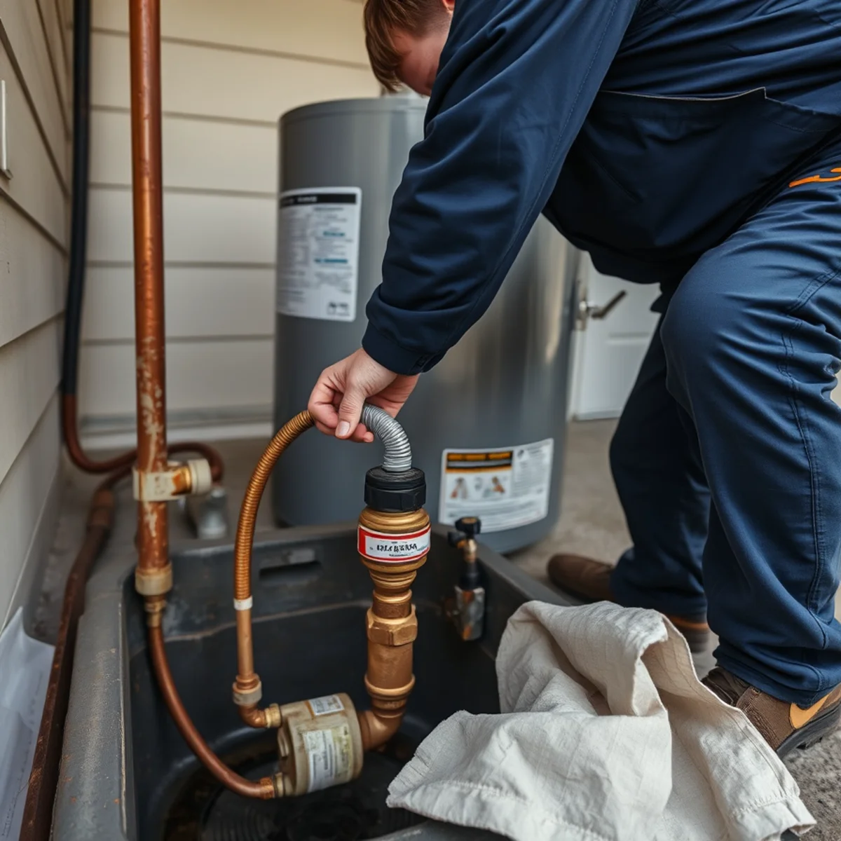Plumber connecting a new gas water heater in a Catonsville, MD basement