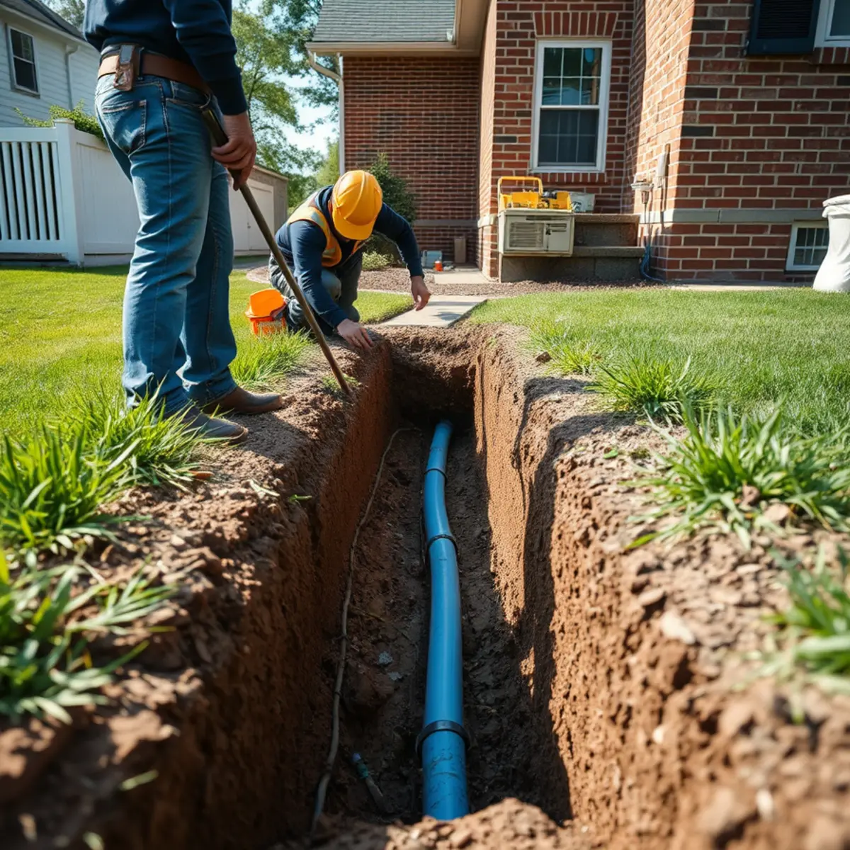 New water service line laid in a trench at a Catonsville, MD home