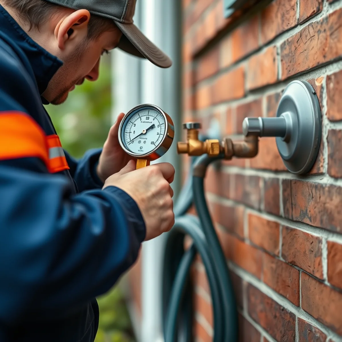 Plumber measuring static water pressure at a hose bib in Catonsville, MD