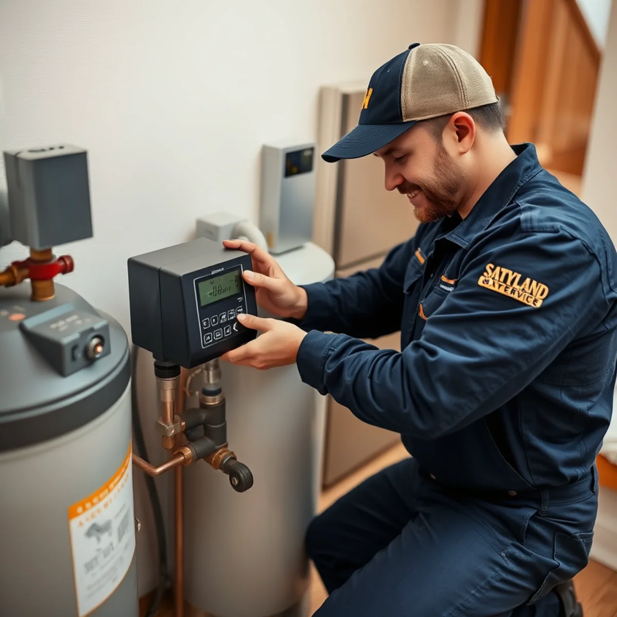 Plumber programming a whole-house water softener in a Catonsville, MD utility room