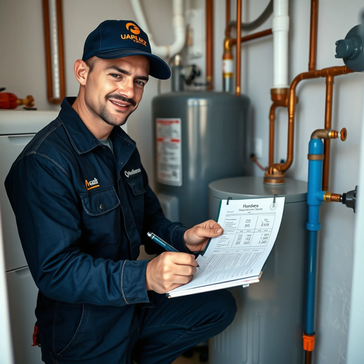 Plumber programming the control head on a newly installed water softener in a Maryland basement