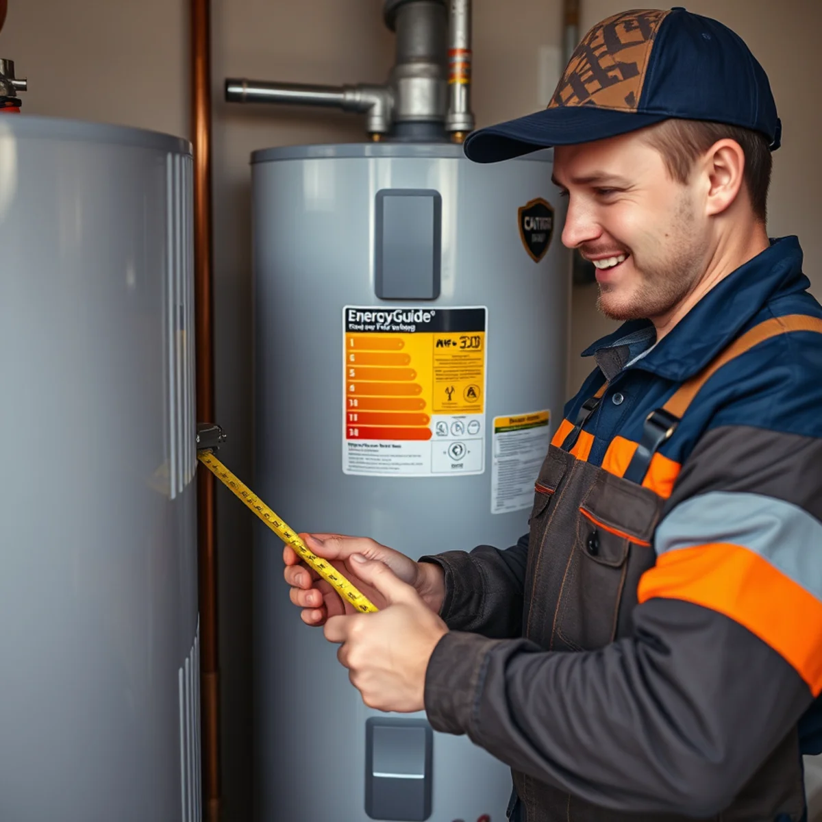 Plumber comparing water heater rating labels during a replacement in a Maryland basement