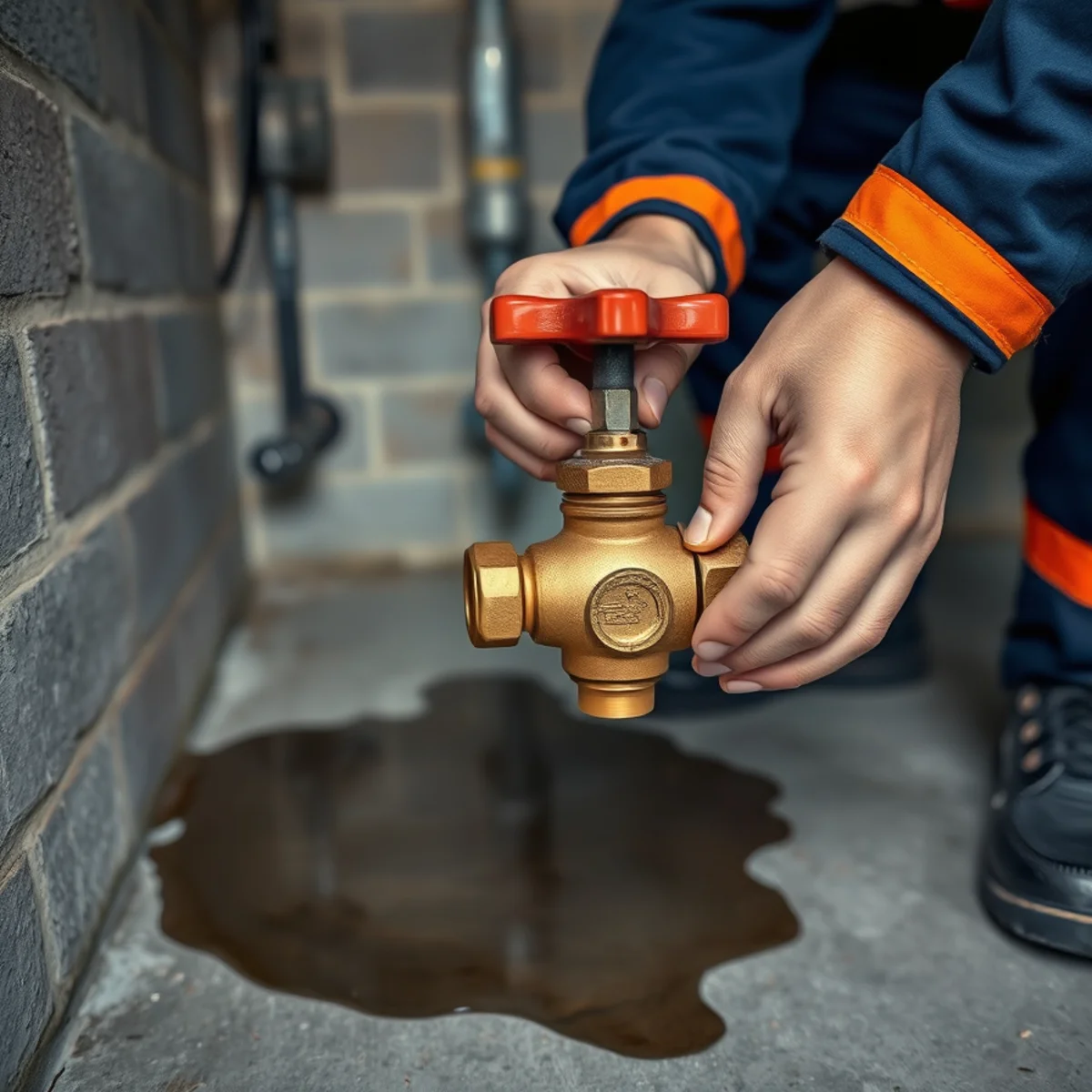 Homeowner closing a main water shutoff valve during a burst pipe emergency in Catonsville, MD