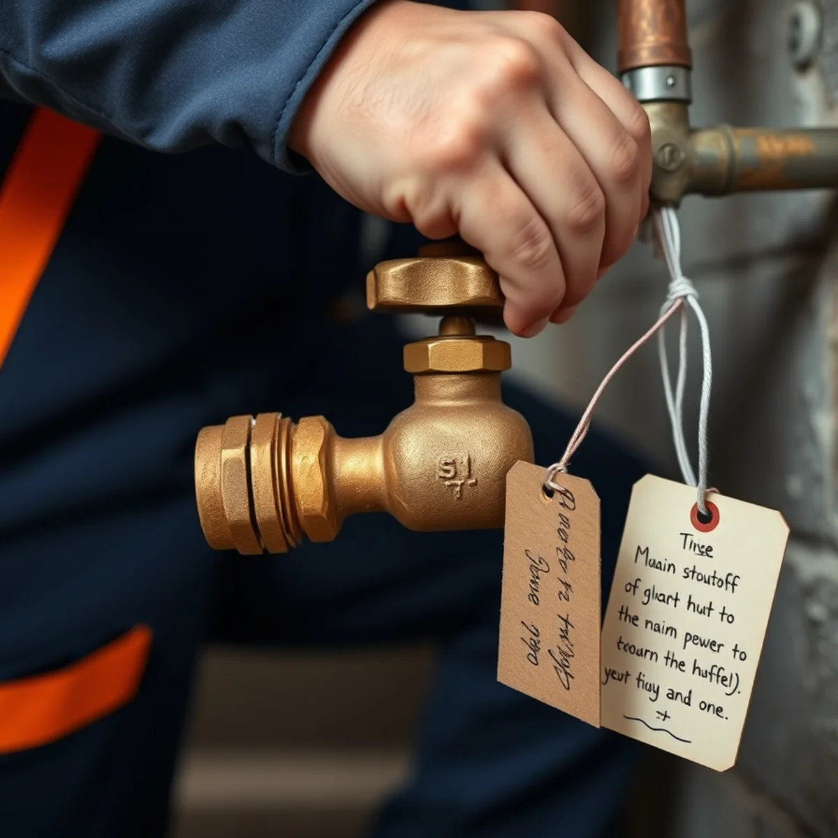 Homeowner closing a brass main water shutoff valve in a Catonsville, MD basement