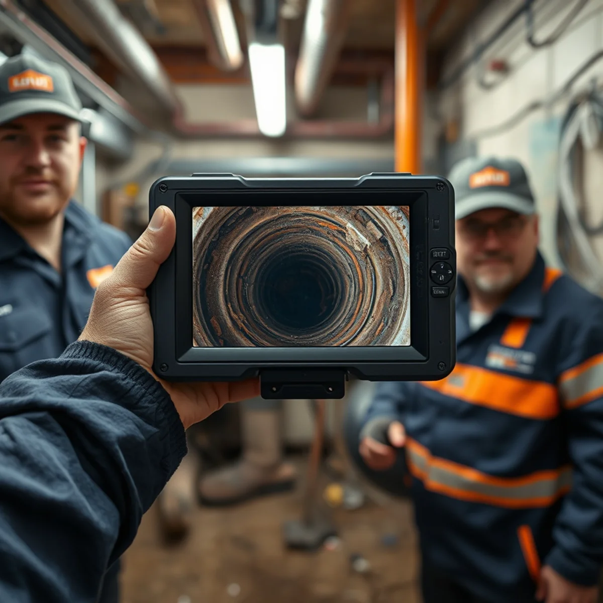 Interior of a scaled cast iron drain pipe seen on a camera inspection in Catonsville, MD